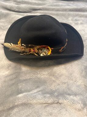 Men's Stetsons Black wool Western Hat with Beaded Band and Feather Detail